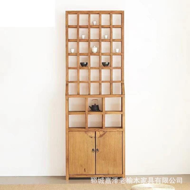 实木格子酒柜收纳架客厅玄关隔断博古架老榆木门板茶壶茶具展示柜