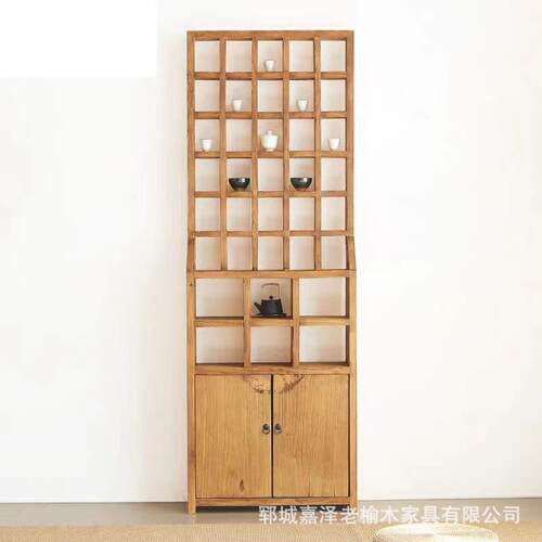 实木格子酒柜收纳架客厅玄关隔断博古架老榆木门板茶壶茶具展示柜