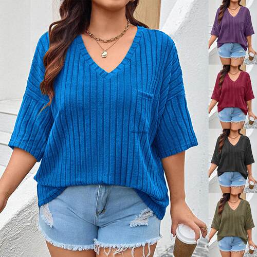 Women's V-neck pocket seven quarter sleeve T-shirt