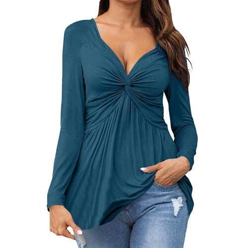 Women'S V-Neck Front Knotted Blouse Shirt Long Sleeve