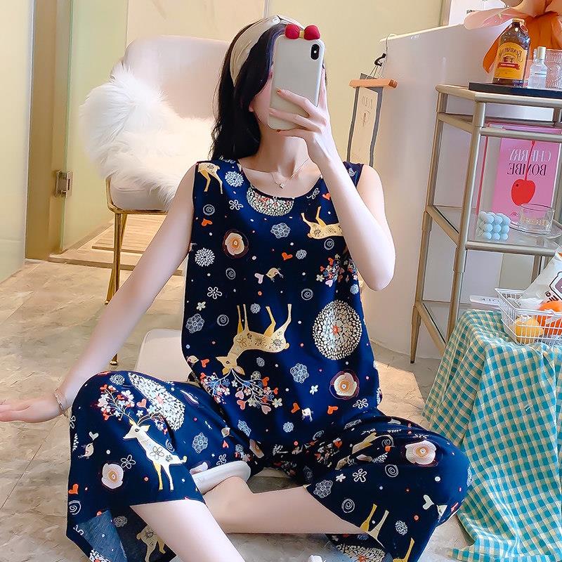 绵绸睡衣女士薄款无袖长裤家居服夏季背心阔腿裤人造棉绸套装大码