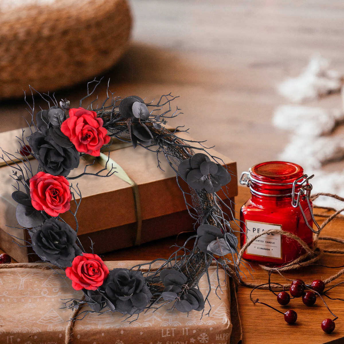 晶辰万圣节黑色玫瑰花环枯枝花环仿真装饰门挂节日布置藤圈壁挂,节庆用品/礼品,吊顶纱幔,淘宝优惠券,粉丝福利购,淘宝优惠卷