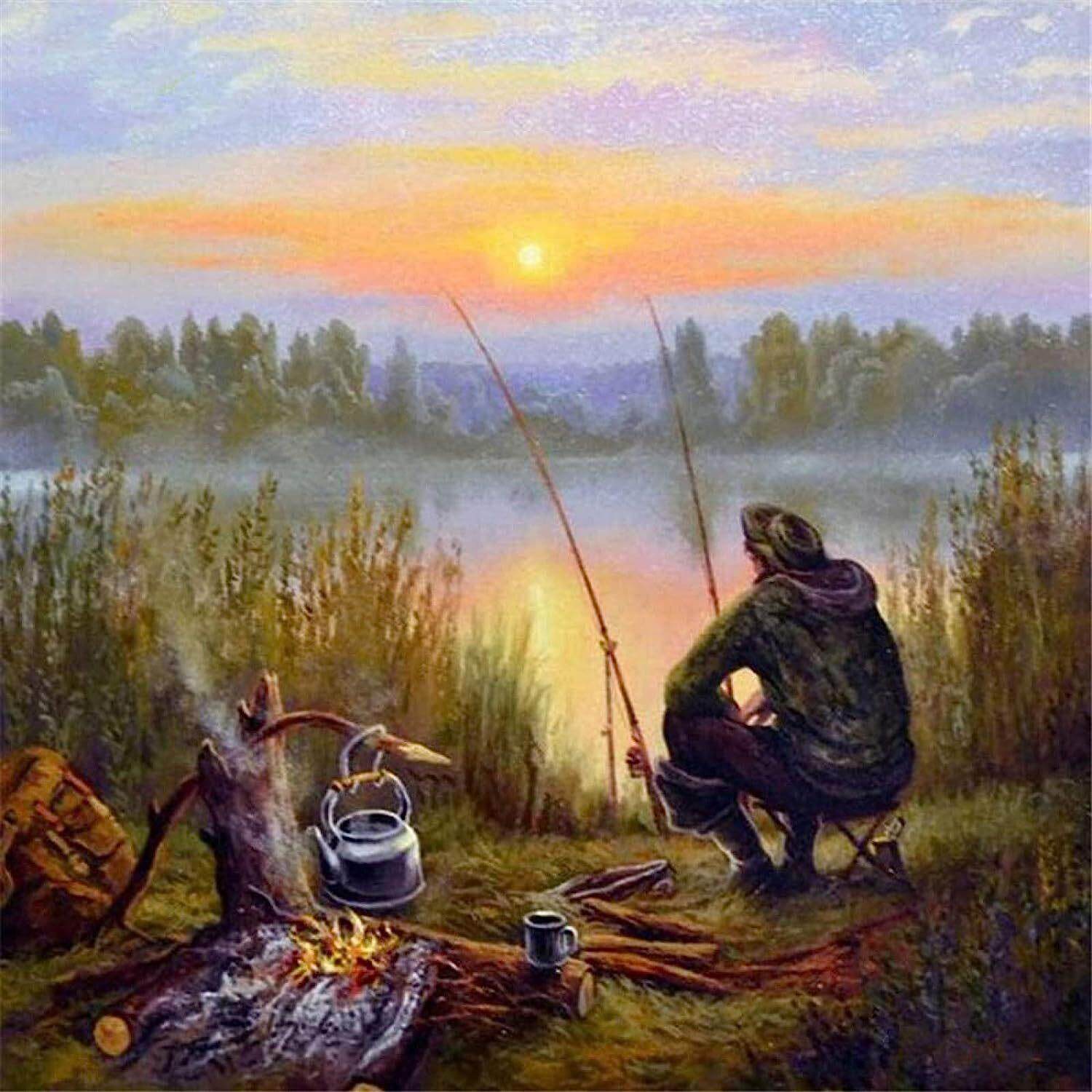 钓鱼新品点钻石贴画十字绣动物风景钻石画满钻钻石绣