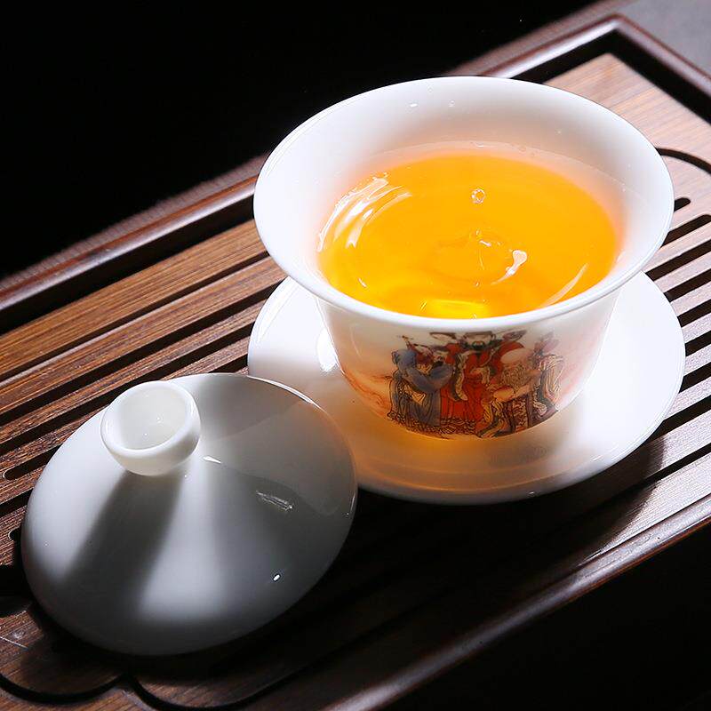 羊脂玉白瓷三才盖碗大号手工陶瓷茶具家用泡茶碗手绘功夫茶杯单个