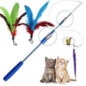 Feather Teaser Stick Cat Pet Toy Wand Retractabl Interactive