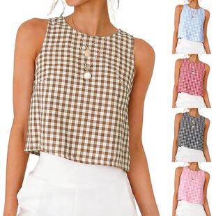 Womens Gingham Crop Tank Tops 2026 Spring Summer Sleeveless
