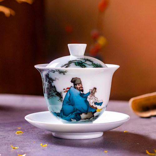 原创手绘人物画三才盖碗功夫主人杯普洱泡茶个人杯环保礼品刘培竹