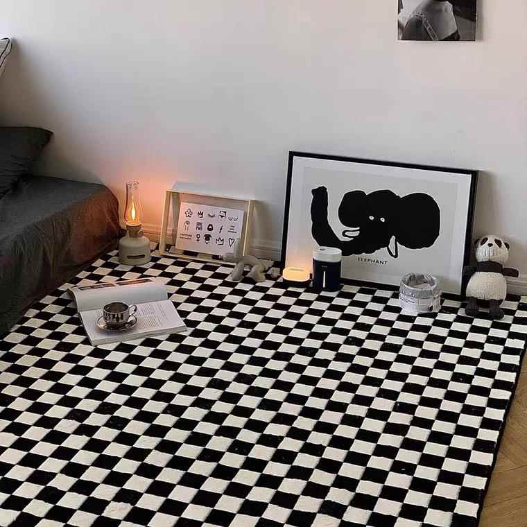 棋盘格加厚地毯黑白绿色格子ins风房间布置卧室少女可水洗简约