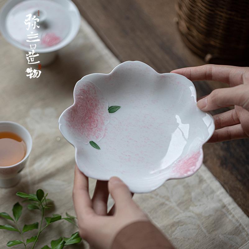 弥言白瓷手绘玫瑰花壶承纯手工陶瓷花口茶台盖碗茶壶托家用茶点盘