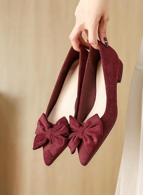 19601-13喜庆红色平底鞋新款蝴蝶结日常可穿不累脚矮跟尖头单鞋女