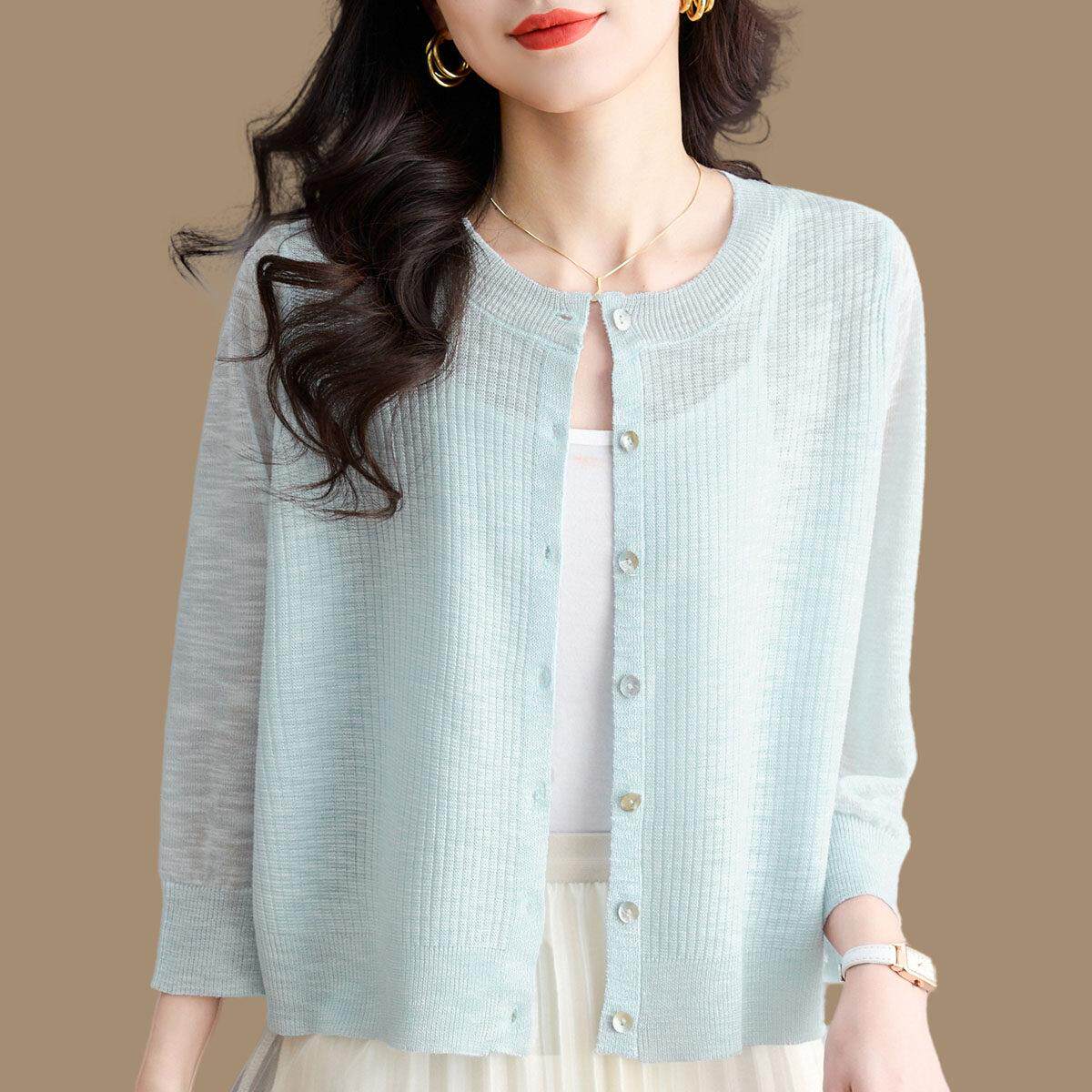 冰丝针织开衫女春夏装外搭薄款七分袖披肩上衣桑蚕丝小外套空调衫