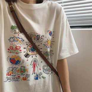 色短袖T季恤女装夏新款宽松印花学生百白搭上衣服女