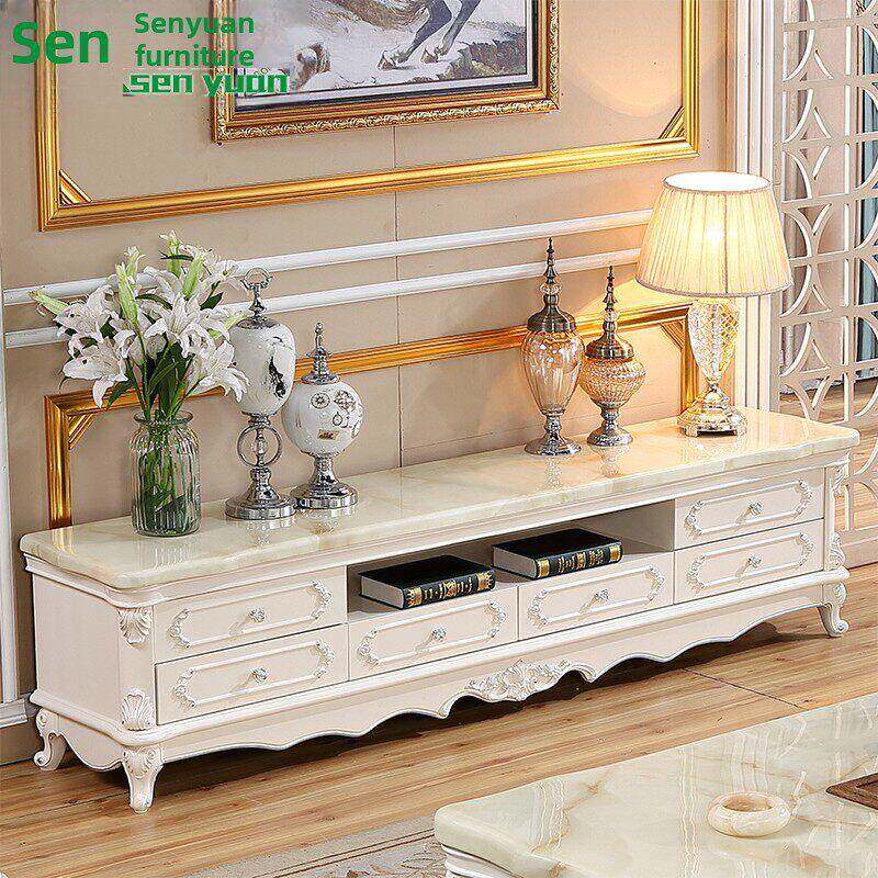 欧式大理石客厅茶几电视柜组合白色实木地柜法式小户型影视墙地柜