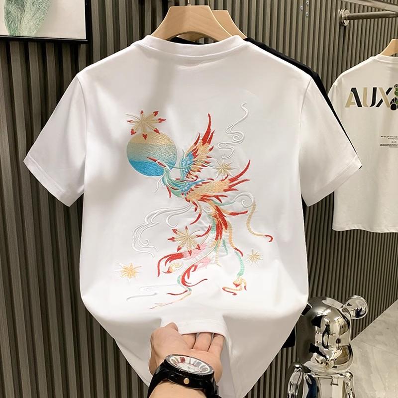 高端中国风短袖t恤男士2025新款潮牌凤凰刺绣圆领半袖打底衫男款