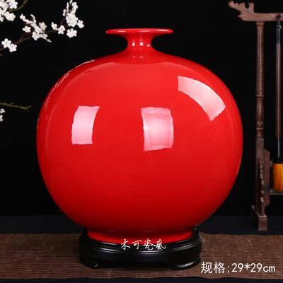 高档德化中国红瓷花瓶件摆纯天地红方 陶瓷牡丹花家居饰品玄关摆