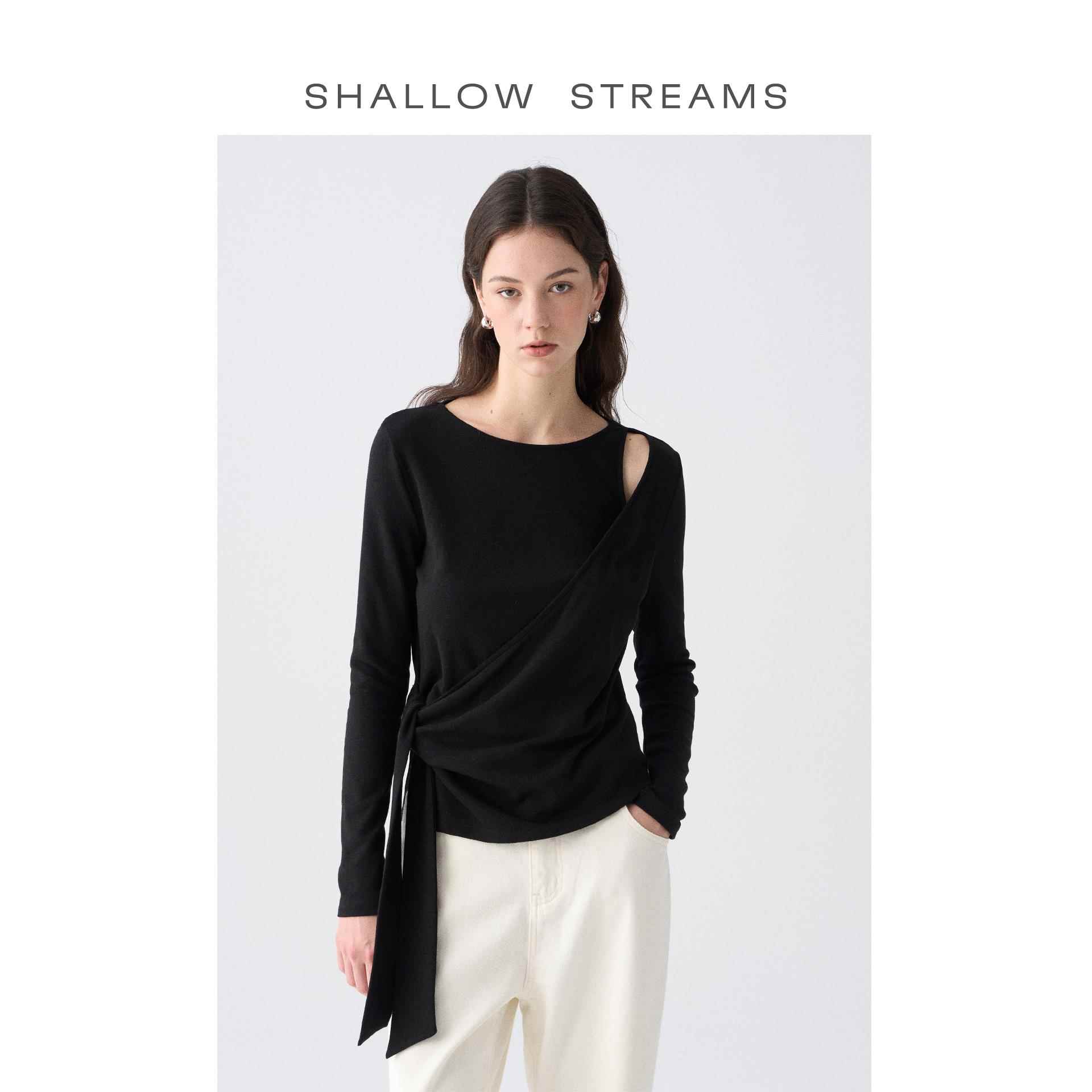 梨涡的海SHALLOW STREAMS 早秋新品针织衫女黑色长袖打底衫上衣