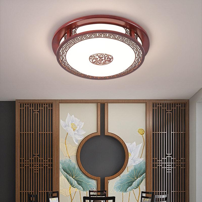 中式吸顶灯圆形led客厅灯餐厅卧室书房灯羊皮灯实木吸顶灯具9101