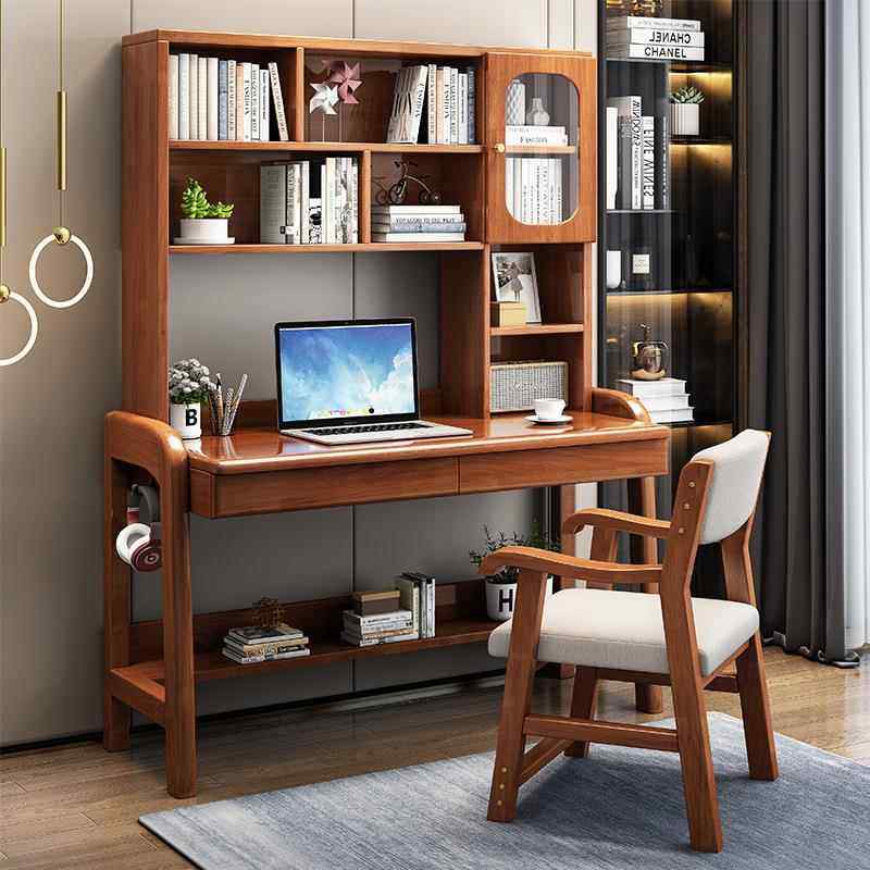 胡桃色书架一体实木书桌电脑桌家用卧室成人办公桌中学生学习桌