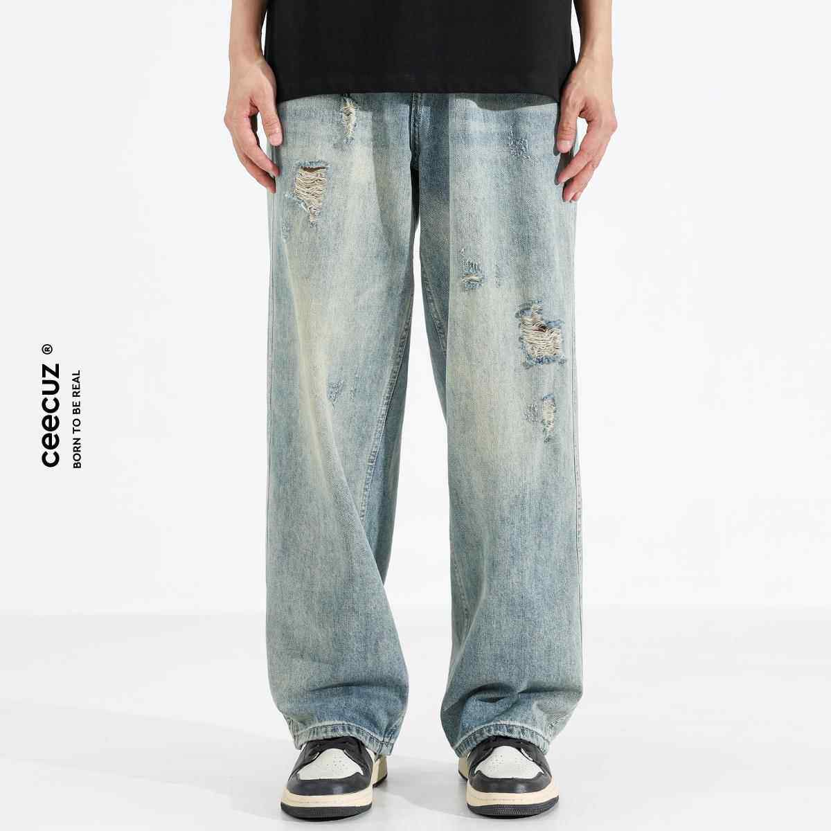 Ceecuz浅色做旧破洞牛仔裤男秋季新款黄泥水洗复古直筒阔腿长裤子