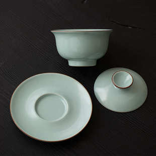 天青汝窑泡茶碗陶瓷功夫茶具大号三才盖碗汝瓷开片可养蝉翼纹茶碗