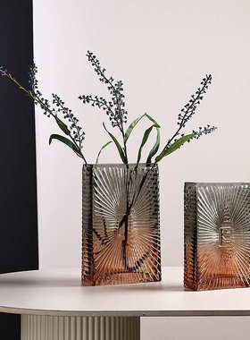 出口渐变磨砂方缸创意玻璃花瓶插彩色花瓶轻奢客厅会所装饰品摆件