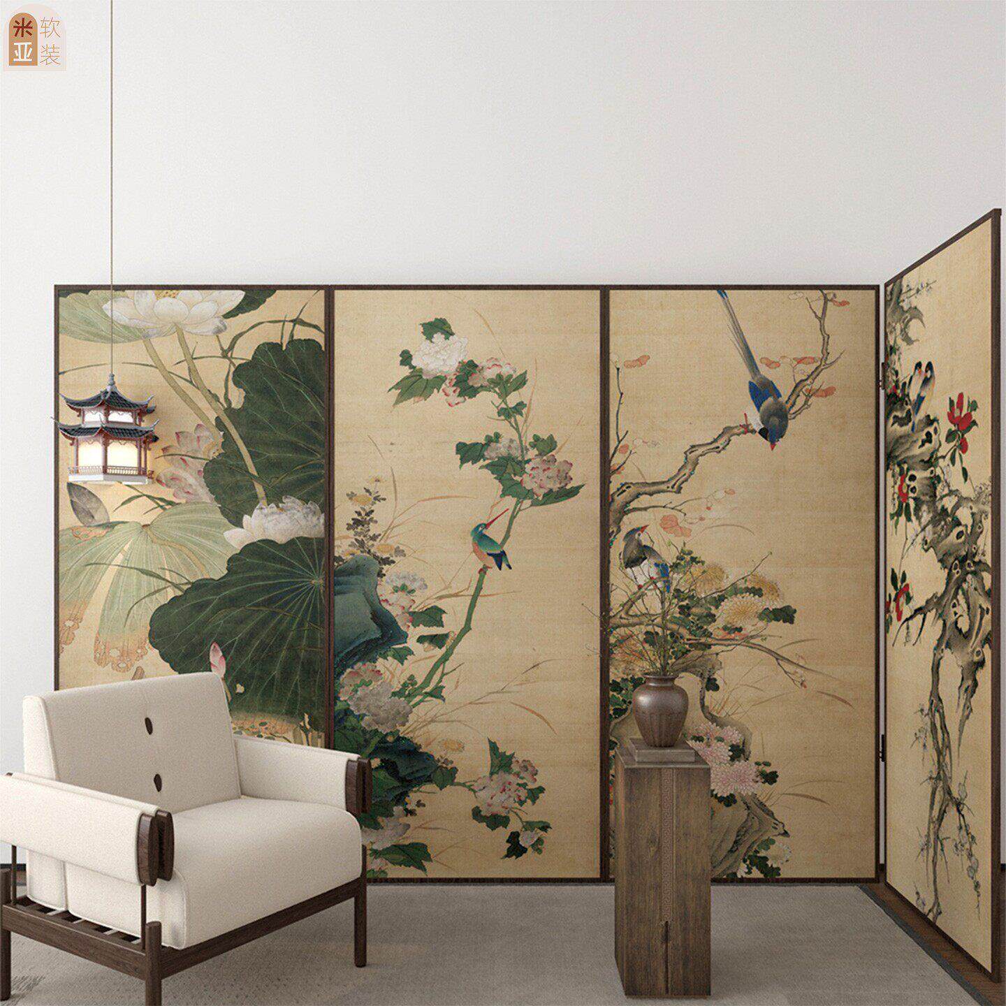 花鸟古画花卉玄关墙面装饰贴画茶室中国画背景墙客厅门墙贴纸定制