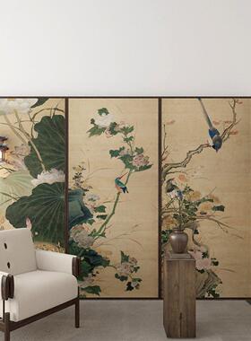 花鸟古画花卉玄关墙面装饰贴画茶室中国画背景墙客厅门墙贴纸定制
