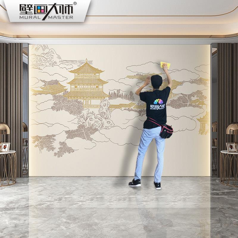新中式楼阁壁纸山水壁布电视背景墙纸硬包壁画 画饭店客饭厅装饰