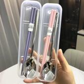 304不锈钢便携式 餐具学生筷子勺子套装 高颜值防滑勺筷收纳盒单人