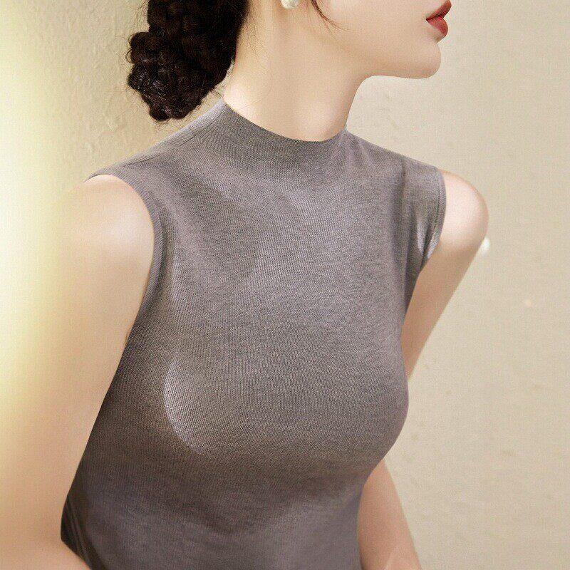 法国Rouje Dsyle莱赛尔天丝修身无袖针织T恤女半高领打底冰丝背心