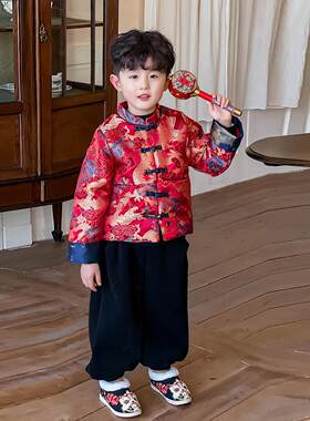 男童冬季新年拜年服夹棉上衣冬款元旦演出服喜庆唐装汉服国风套装