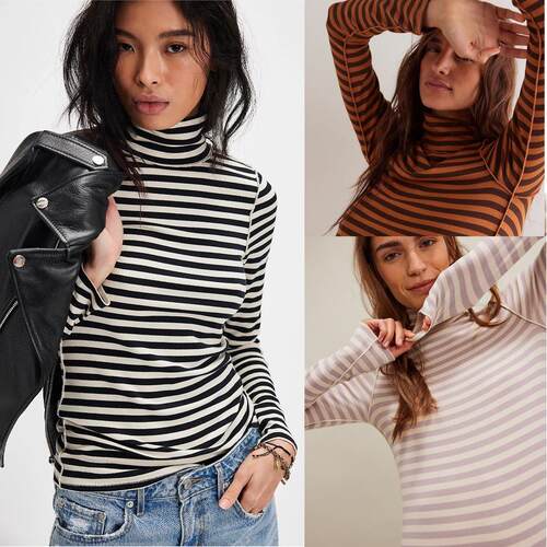 Women Slim Striped Turtleneck Lightweight Sleeve Stretch