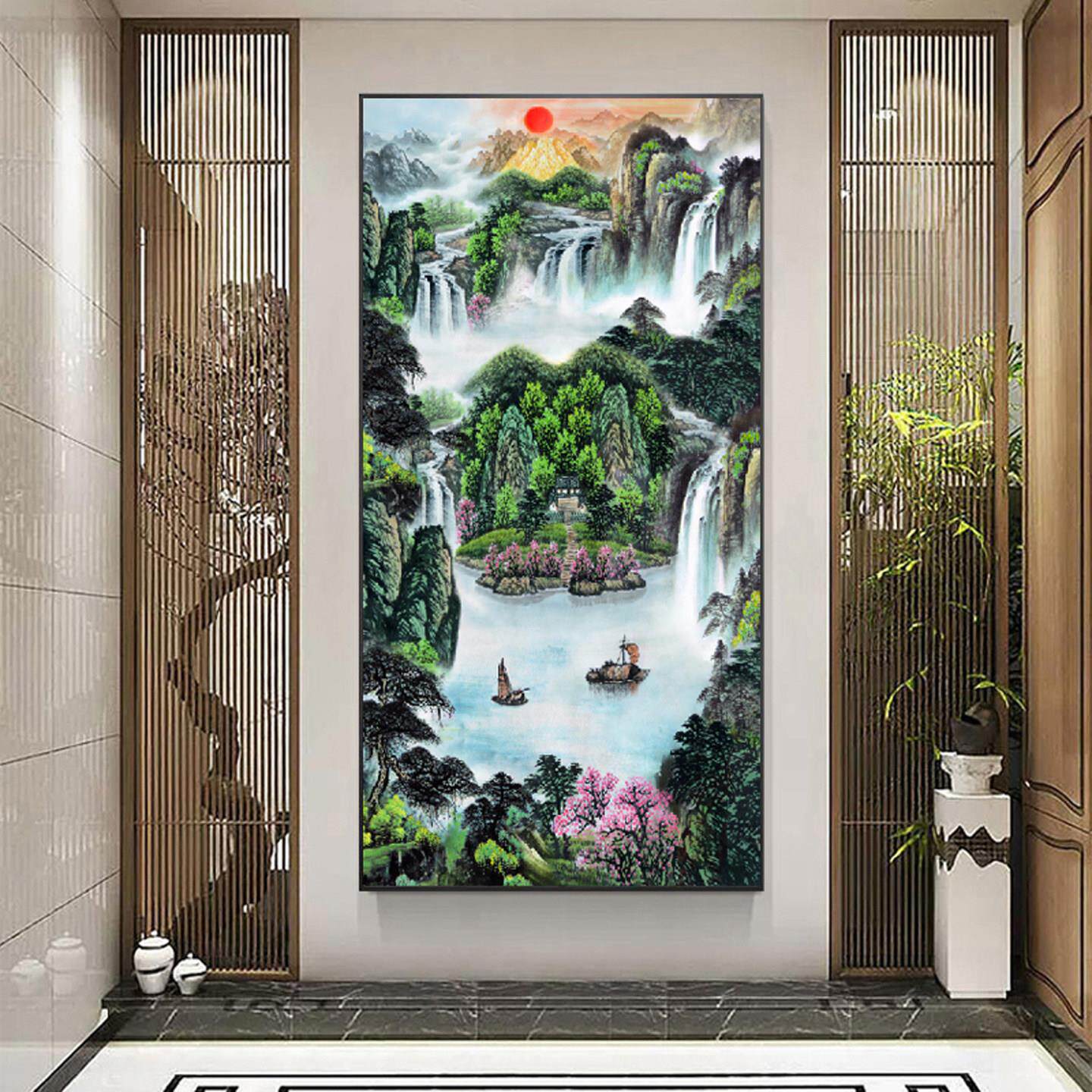 聚宝盆山水画 画靠山图玄关招财风水八方来财旭日东升旺财运聚财