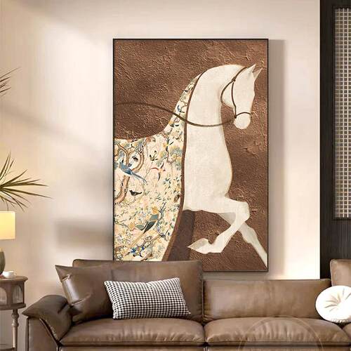 中古风马到成功客厅沙发背景墙装饰画高级感骏马玄关过道走廊挂画