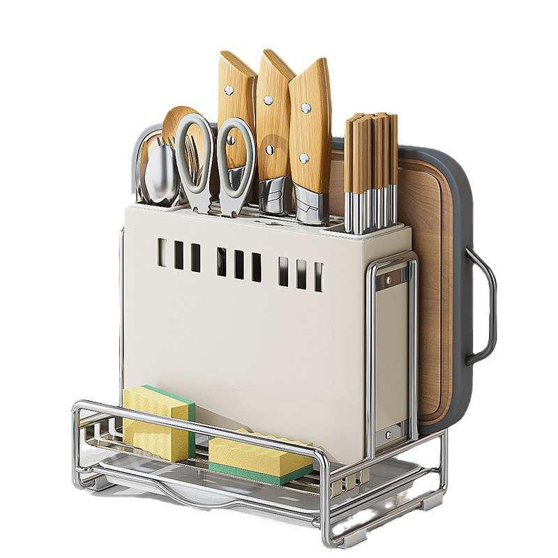 轻奢风刀架筷筒收纳架不锈钢厨房置物架多功能橱柜台面锅盖沥水架