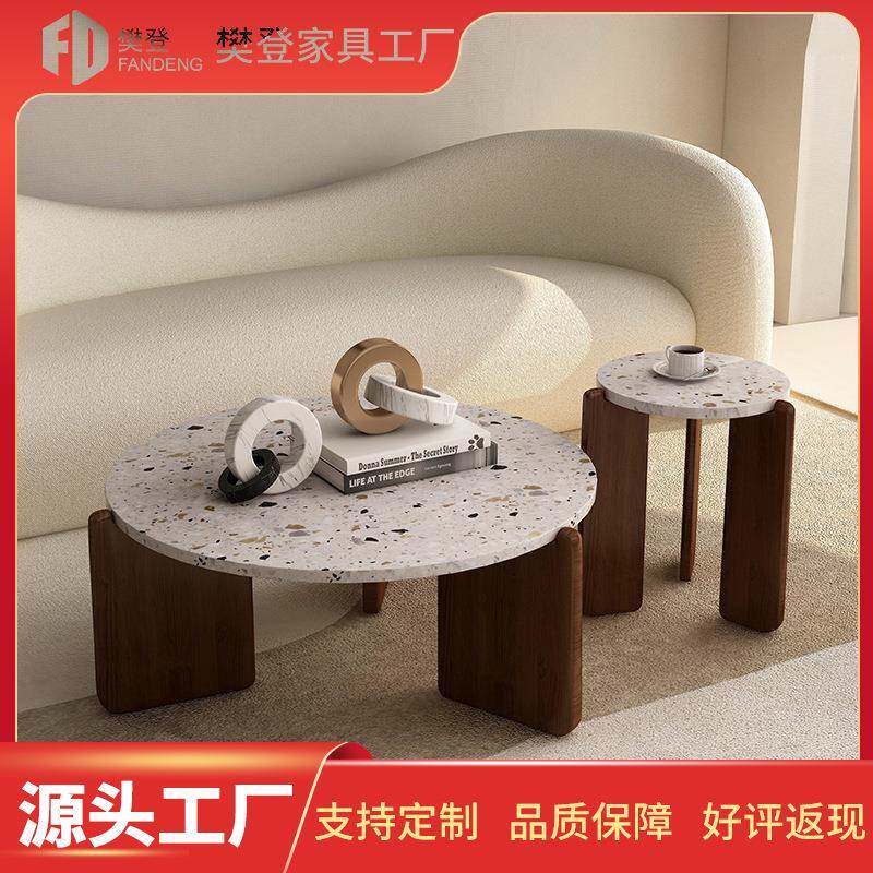 茶几现代简约客厅家用网红圆形日式简易诧寂风岩板轻奢水磨石茶桌