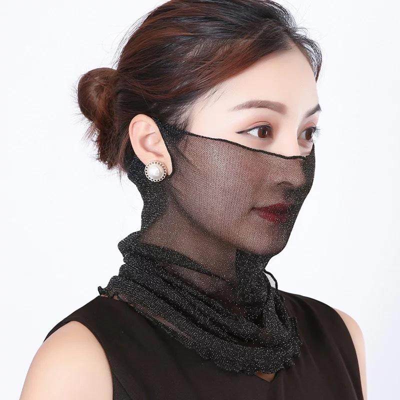 围脖丝巾女蕾丝网纱季防晒护脸纱巾套头护颈百搭时尚脖套薄面纱