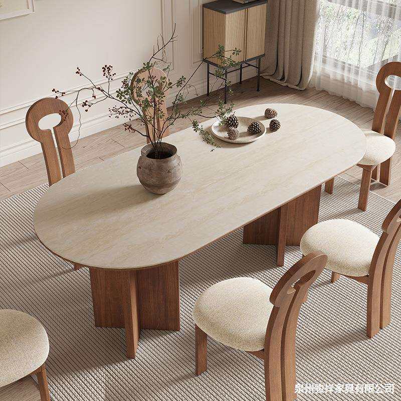 北欧实木设计师奶油风椭圆形洽谈桌小户型家用白色岩板餐桌椅组合