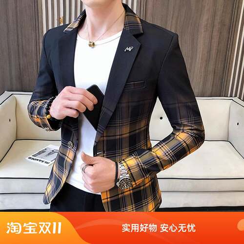 男士高级感格子西服2025春季新款韩版修身潮流百搭休闲小西装外套