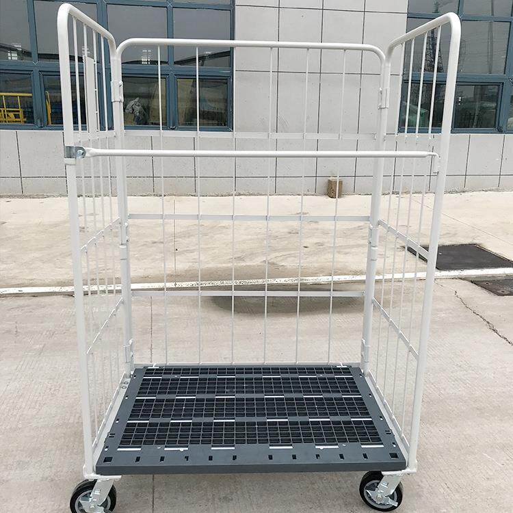 物流台车塑料底板加钢管三面围栏聚氨酯脚轮折叠式手推车