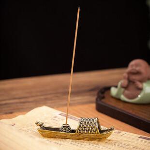 铜黄禅意小船小舟个性小摆件黄铜香古插面复铜器纯铜渔船桌一叶之