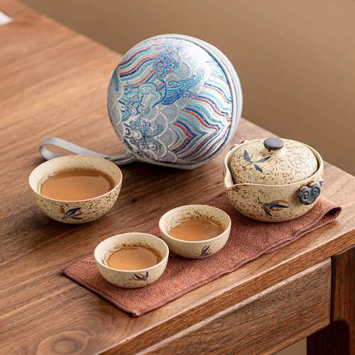 青花火石旅行茶具如意陶瓷快客杯户外露营喝茶装备一人饮泡茶套装