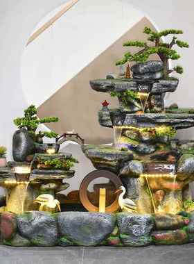 落地大型假山流水喷泉鱼缸风水轮加湿器创意摆件酒店庭院客厅装饰