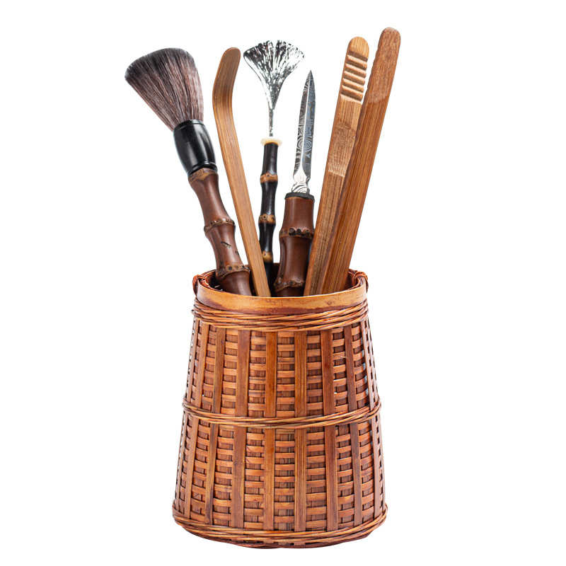 手工竹编六君子茶筒 复古大漆收纳筒笔筒 茶则茶针茶夹茶道零