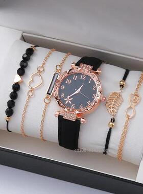 6PCS Set Watch For Women Leather Analog Ladies Quartz Wrist