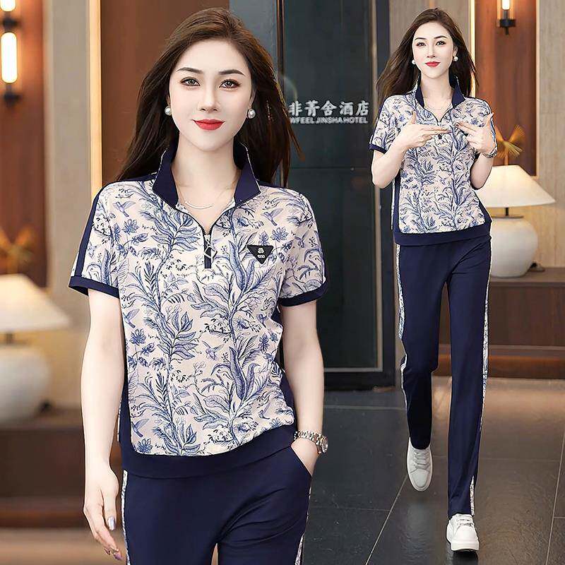 运动服套装女夏2025新款时尚宽松洋气女士翻领短袖休闲跑步两件套