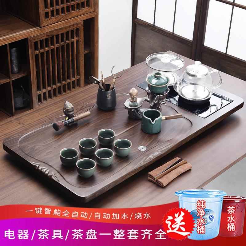 家用自动上水玻璃茶盘 汝窑风全自动泡茶台 中式整套茶具组 防烫