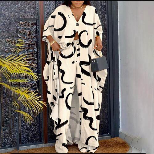 2026 Women'S Abstract Print High Slit Longline Top & Pants
