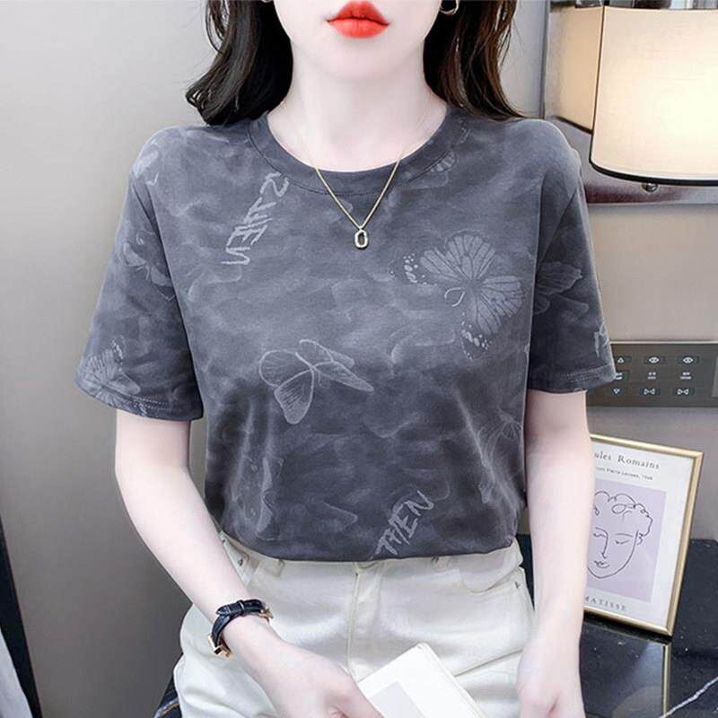 纯棉短袖t恤女夏装2025新款宽松圆领T恤衫百搭休闲显瘦印花上衣