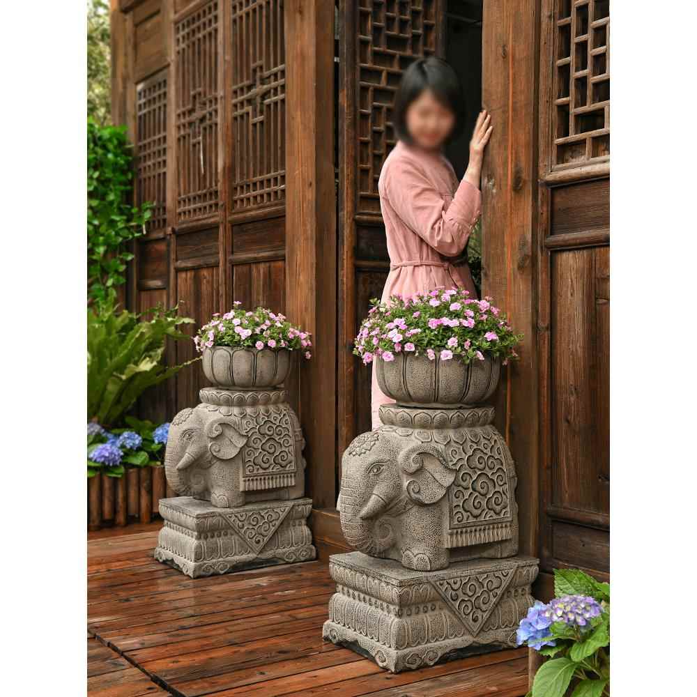 中式花园布置艺术大象花盆户外庭院装饰别墅门口大花盆门墩摆件